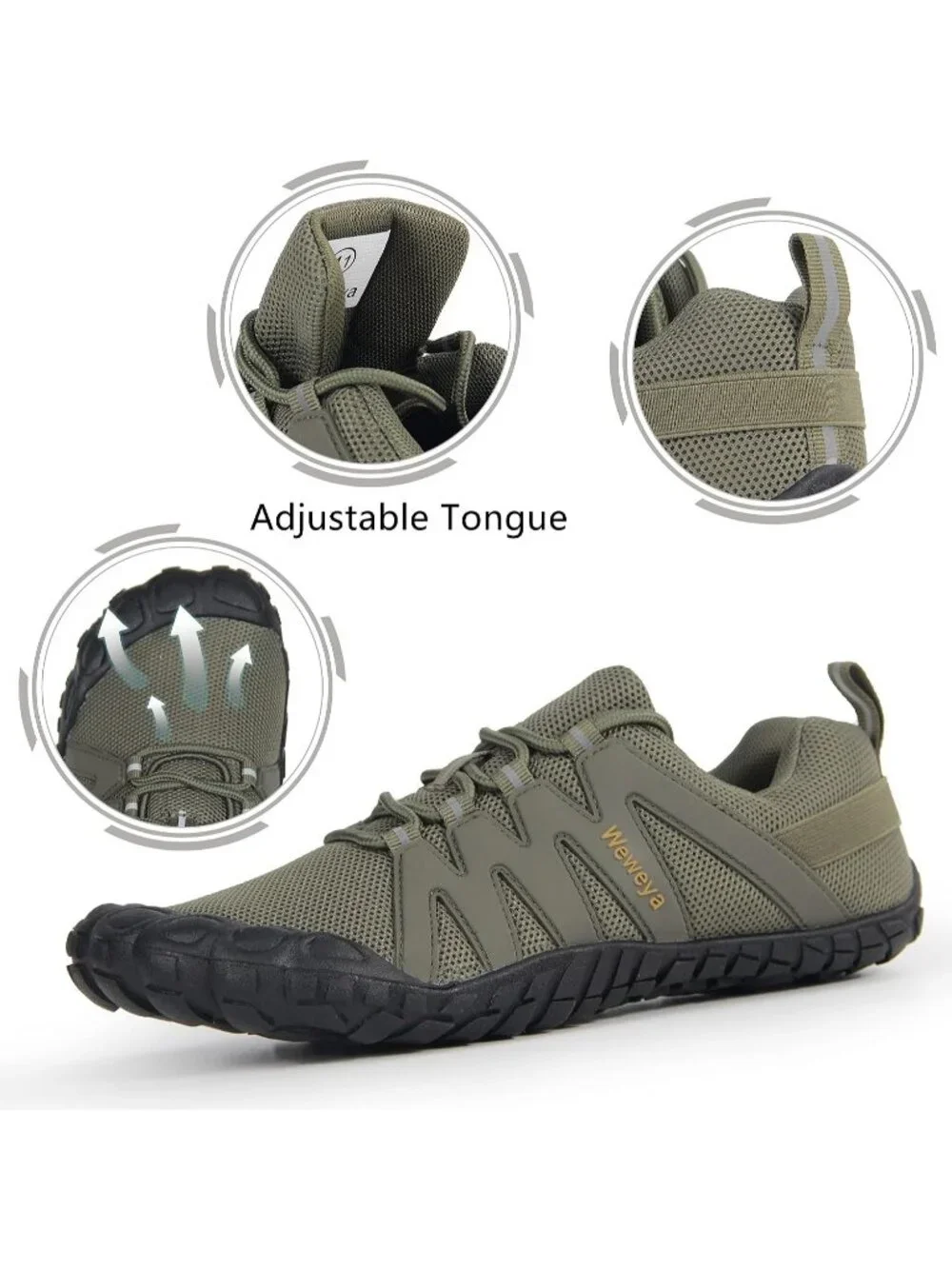 Weweya Men's Army Green Rubber Minimalist Barefoot Wide Lace Up Athletic Shoes